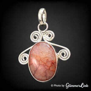 Red Orange Dragon Vein Oval Cabochon Scrollwork Silver Plated Pendant